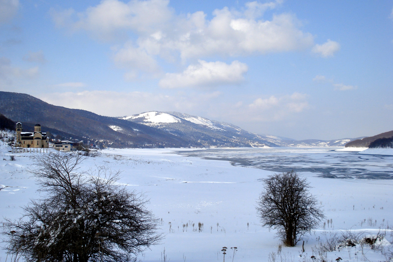 Mavrovo lake and church